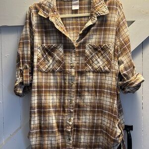 No Boundaries Brown and Yellow Plaid Button-Down Shirt, women XL